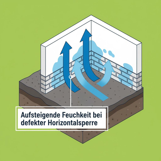 defekte Horizotalsperre, Grafik: Feuchtigkeit aus dem Boden steigt in das Mauerwerk von unten